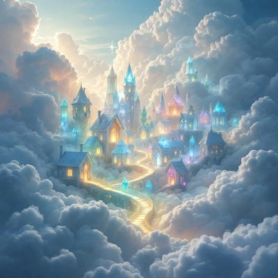 The primary subject of the image is a fantasy cityscape, featuring a castle and a bridge. The setting is a cloudy sky, and the visual style is digital art. The colors and mood of the image are predominantly blue and purple, creating a serene and magical atmosphere.